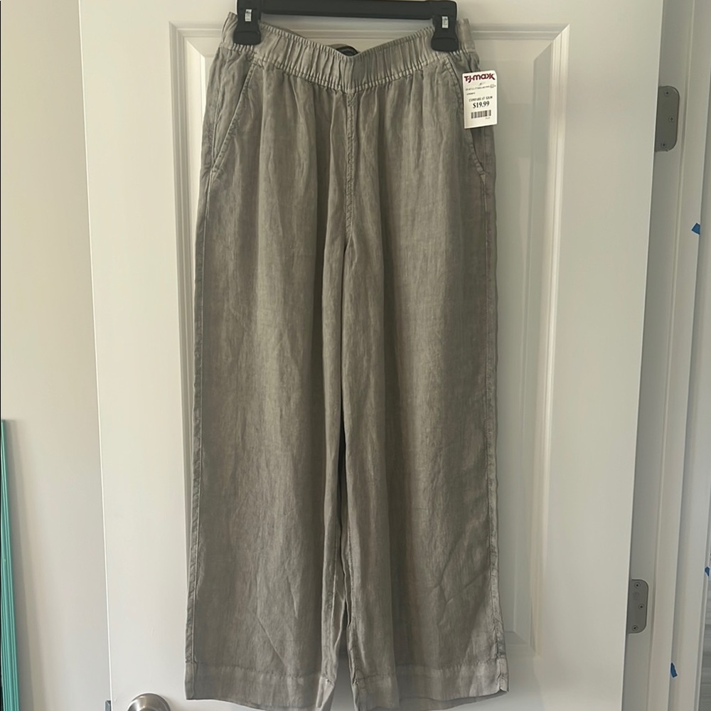 Tan 100% linen ladies slacks wide legs elastic waist